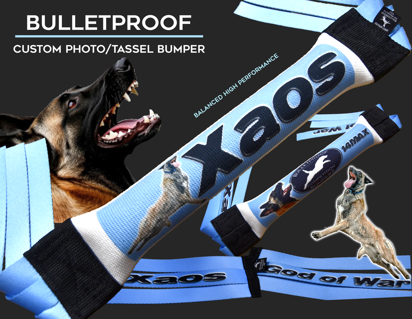 Dock Diving Bumper Tug - Competition Series Weighted - Light Blue Photo Bumper with printed tassels - Bulletproof Pet Products Inc