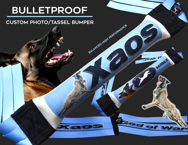 Dock Diving Bumper Tug - Competition Series Weighted - Light Blue Photo Bumper with printed tassels - Bulletproof Pet Products Inc