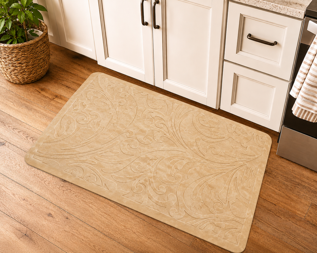 Elegant Embossed Kitchen Floor Mat Cushioned Anti Fatigue Non Slip 20" x 30" Beige - Bulletproof Pet Products Inc