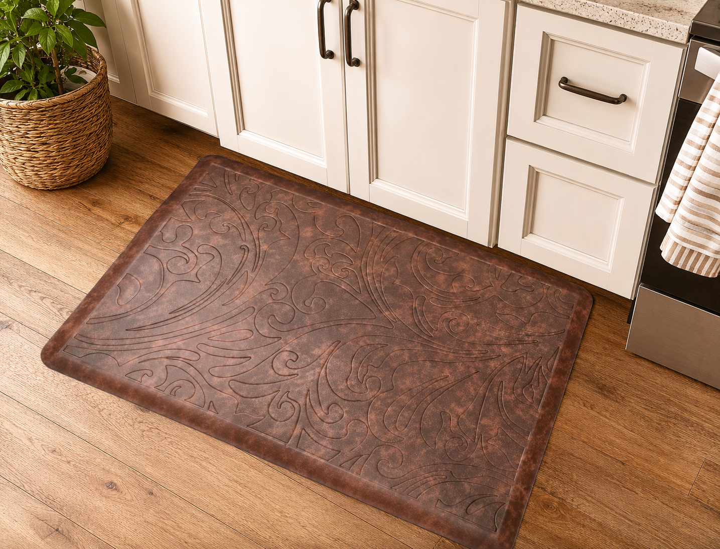 Elegant Embossed Kitchen Floor Mat Cushioned Anti Fatigue Non Slip 20" x 30" Burgundy Brown - Bulletproof Pet Products Inc