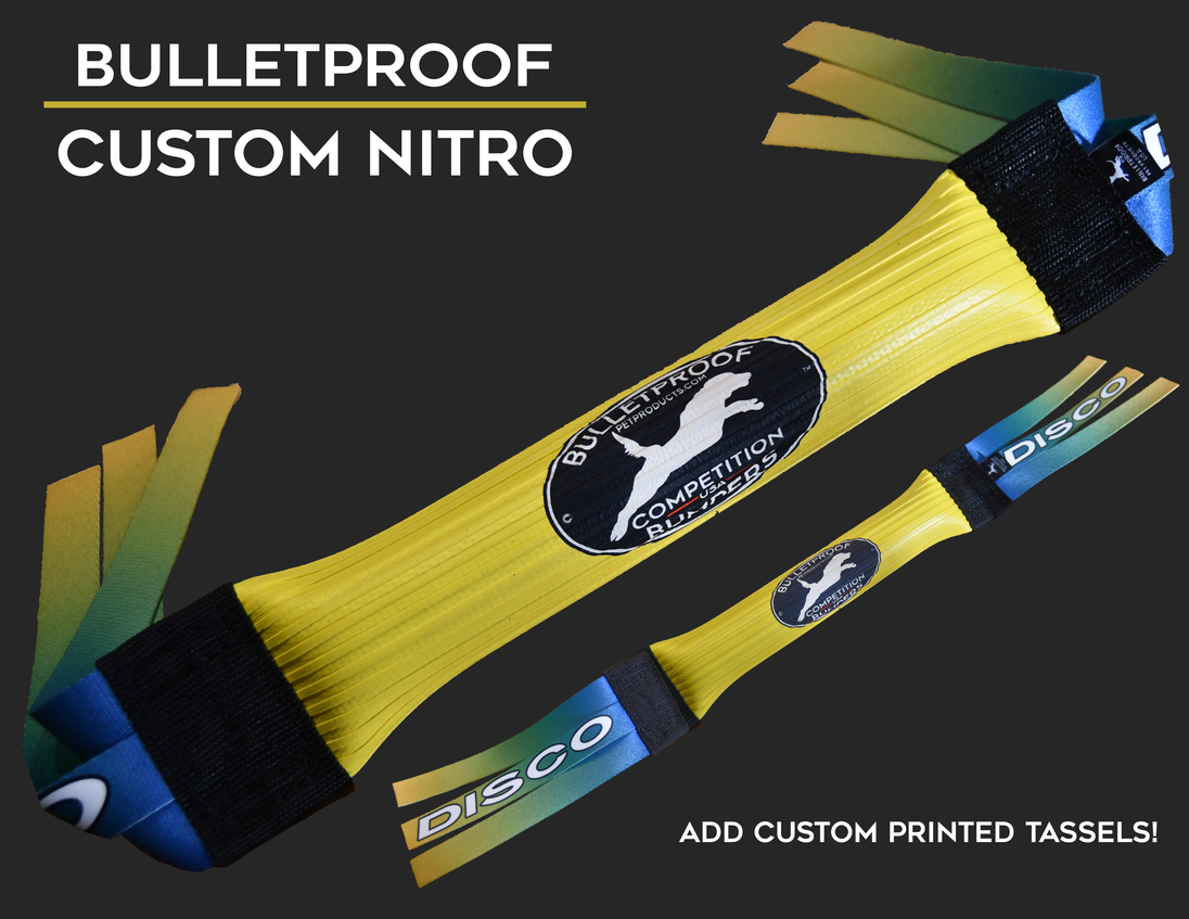 Yellow Nitro Ribbed with Ombre' Denim Blue to yellow printed tassels - Dock Diving Bumper Tug - Competition Weighted (Copy) - Bulletproof Pet Products Inc