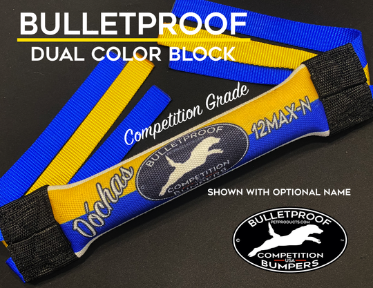 Narrow Competition Weighted Dock Diving Bumper Tug - Yellow and Blue Horizon - Bulletproof Pet Products Inc