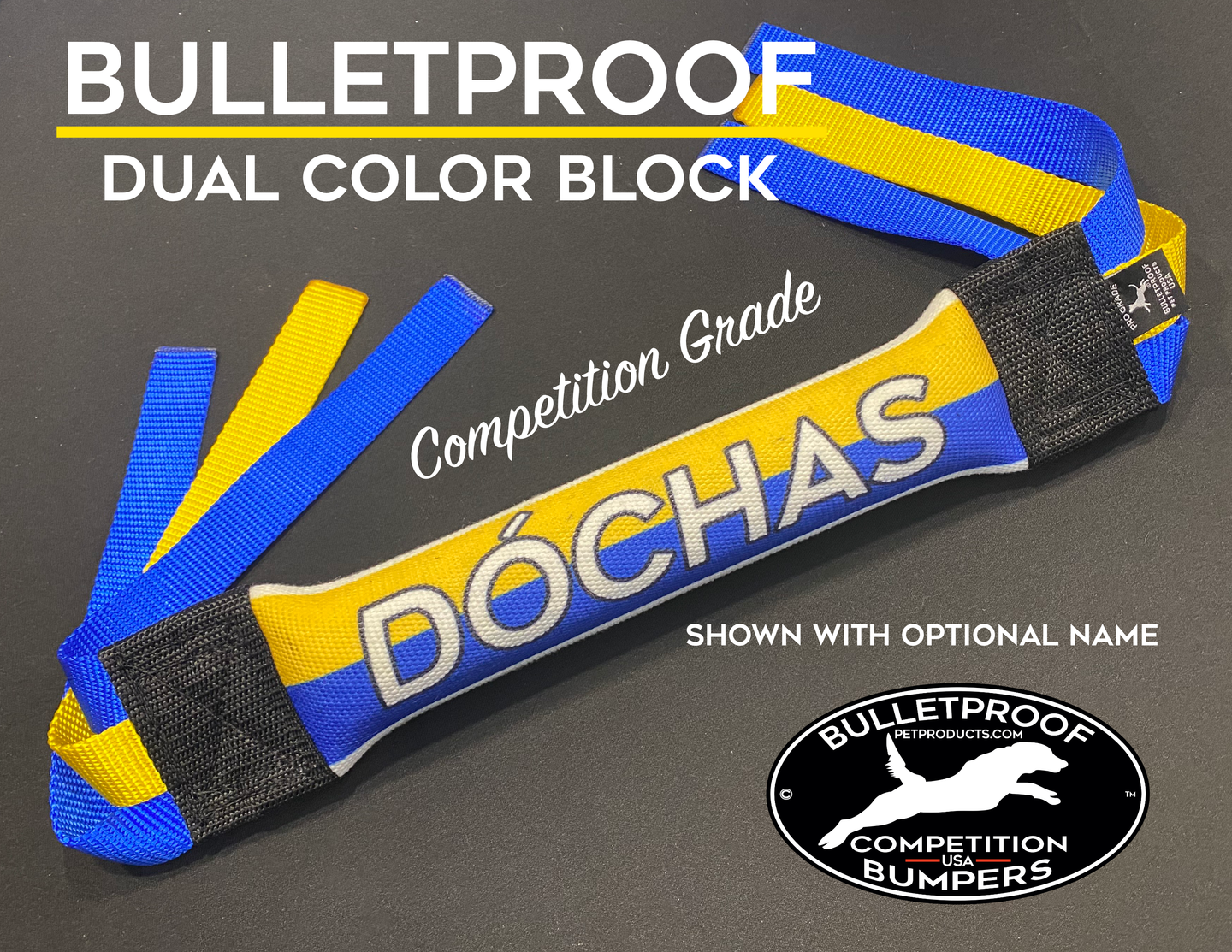 Narrow Competition Weighted Dock Diving Bumper Tug - Yellow and Blue Horizon - Bulletproof Pet Products Inc