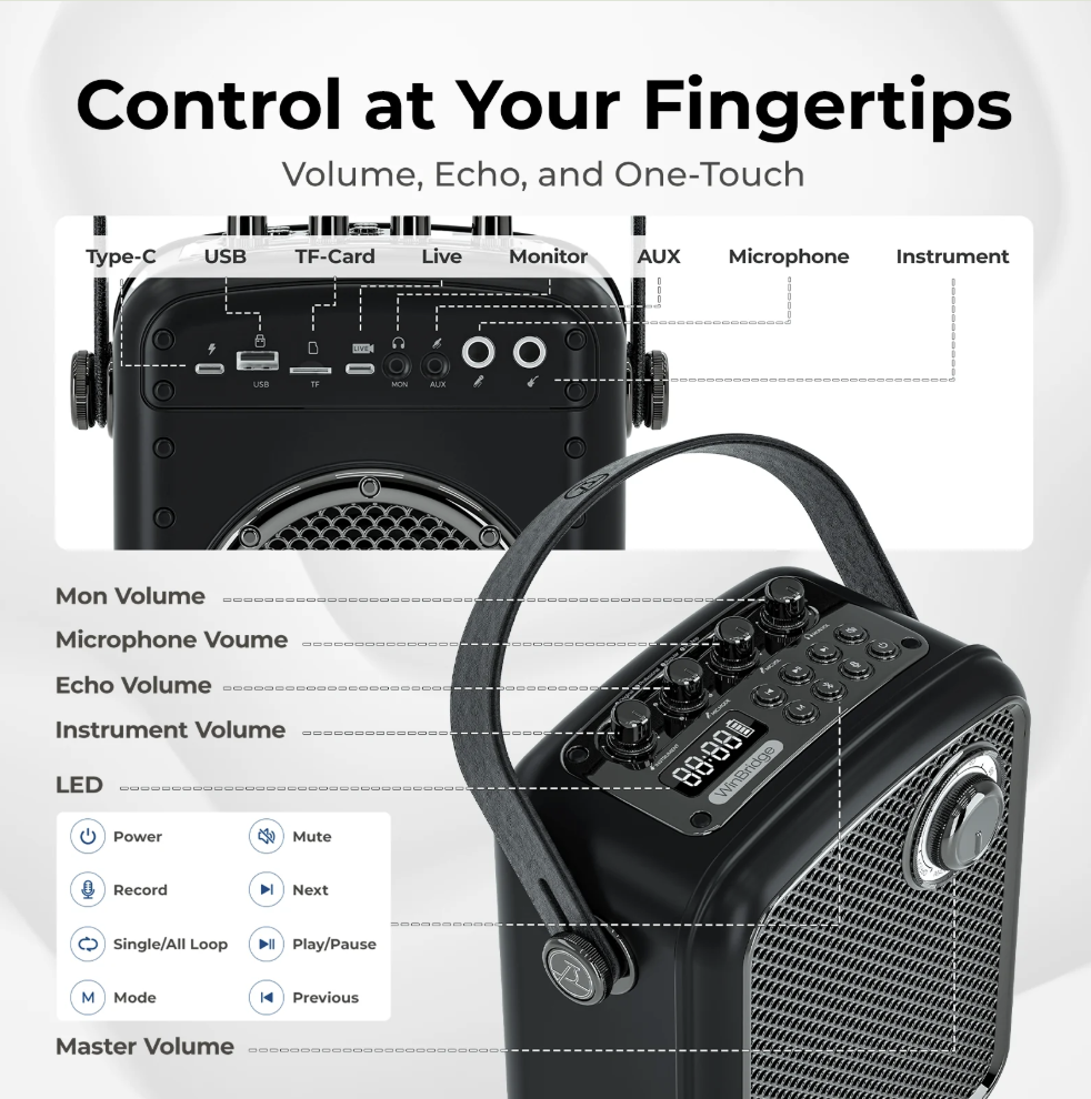 WinBridge S100 Wireless Voice Amplifier - Handheld Microphone 70W Multifunctional Portable Bluetooth Pa System Karaoke Speaker and Mic System Supports Guitar, Monitoring and Live - Bulletproof Pet Products Inc