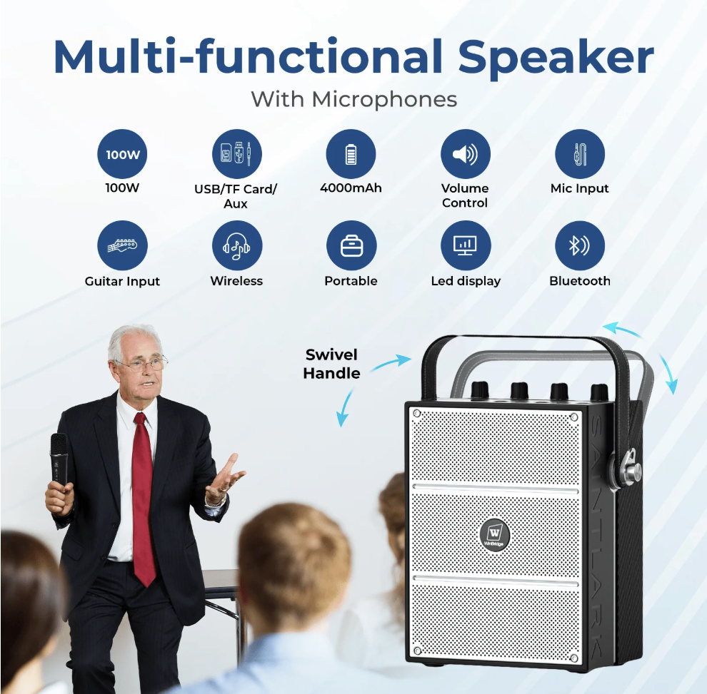 WinBridge S99 100W Powerful Wireless Voice Amplifier - 2 Handheld Microphones - Portable PA System w/ Sound Effects, Karaoke Speaker and Mic System Support Guitar Play - Bulletproof Pet Products Inc