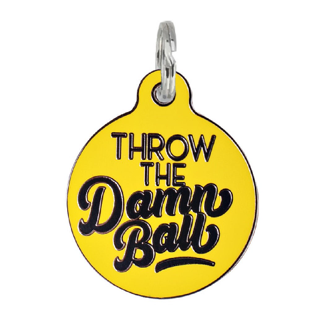 Bad Tags -Yellow Enamel Dog Tag Charm - Throw The Ball - Bulletproof Pet Products Inc