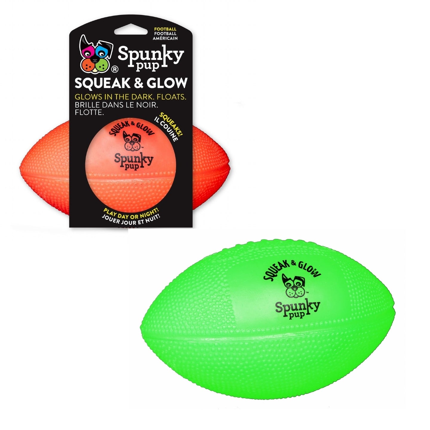 Squeak and Glow Football -Spunky Pup - Bulletproof Pet Products Inc