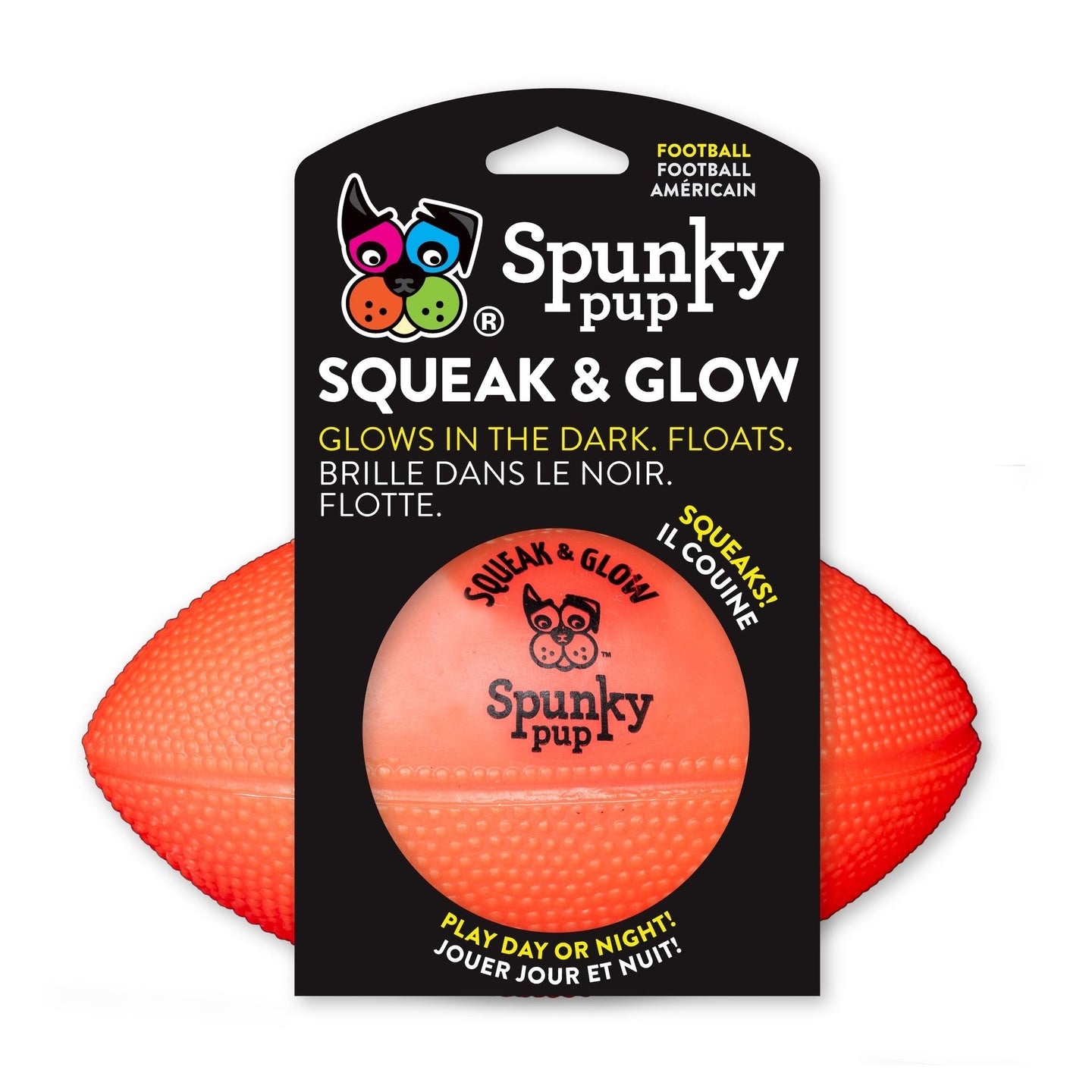 Squeak and Glow Football -Spunky Pup - Bulletproof Pet Products Inc